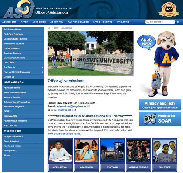 Angelo State Old Admissions Website