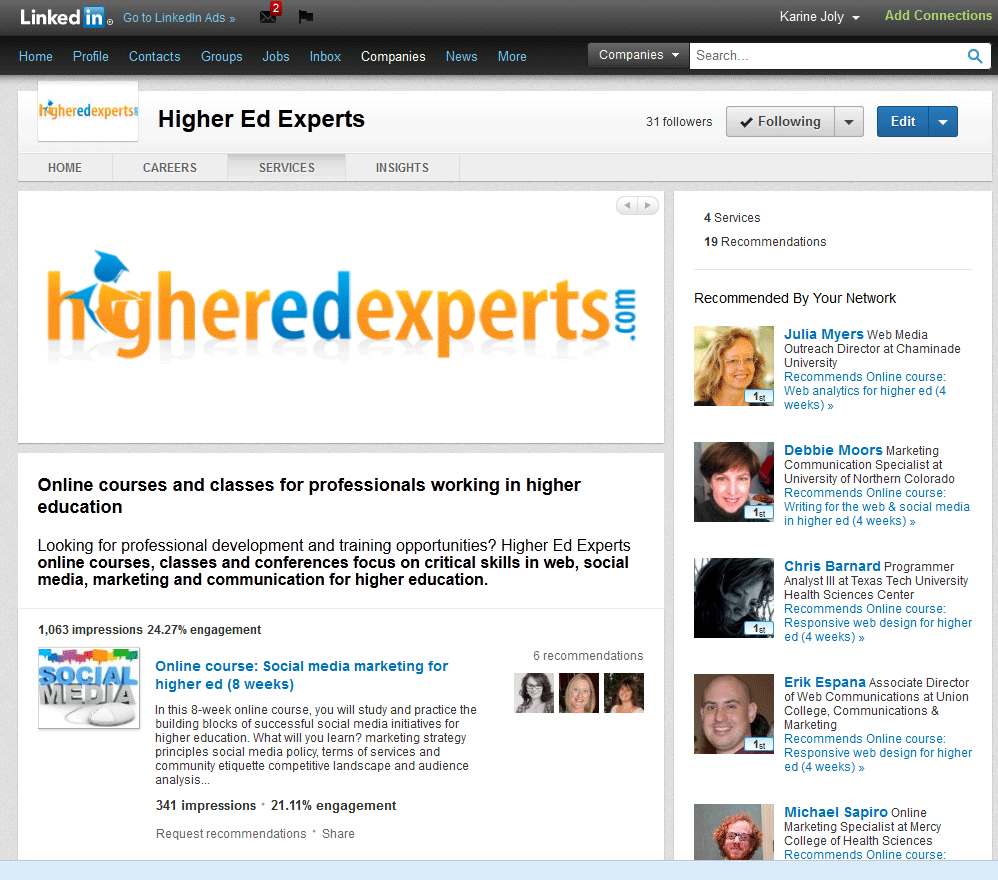 LinkedIn ecommendations for Higher Ed Experts Courses