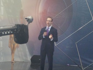 An announcer speaks in front of a 360-degree camera at NAB 2016 in Las Vegas