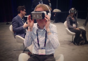 A user experiences virtual reality content on a Samsung GearVR headset