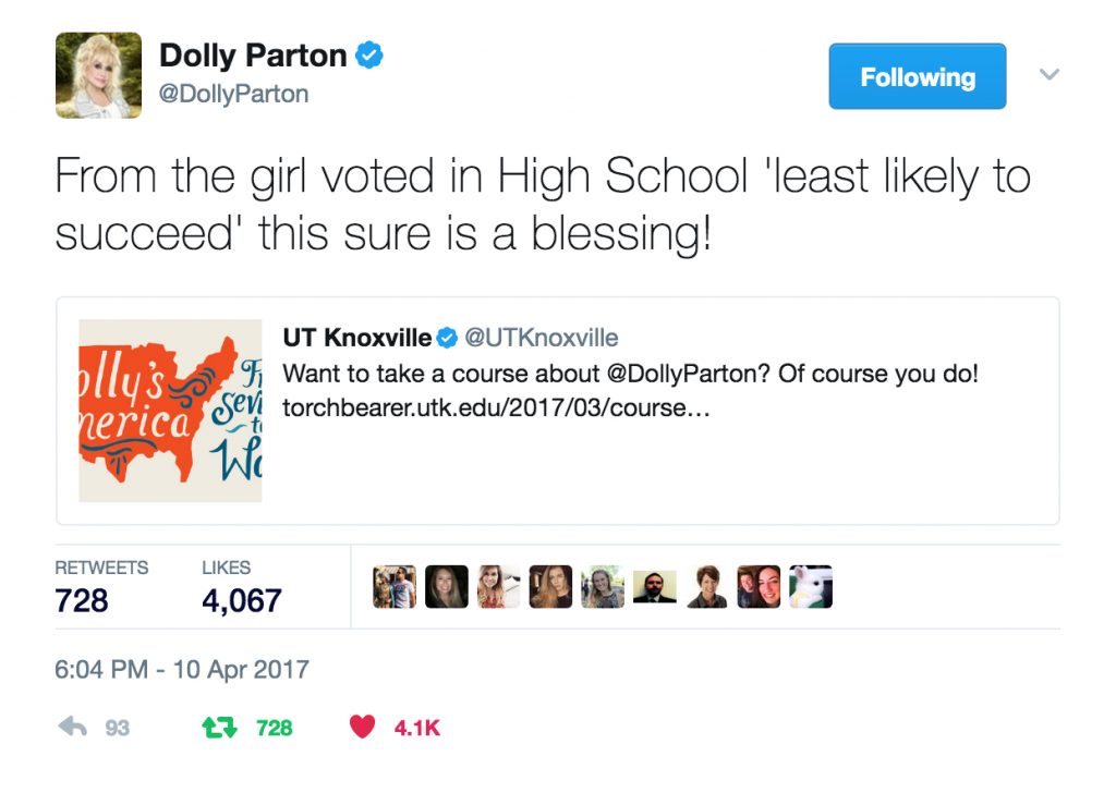 Dolly Parton's Tweet about the UT Knoxville Course